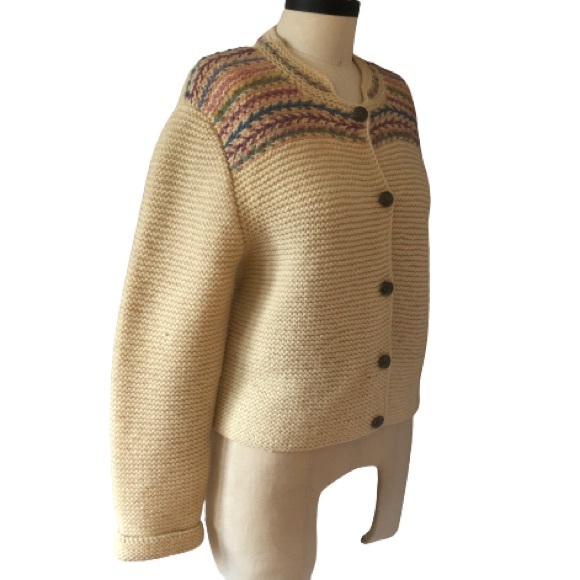 Vtg Hand Knit Embroidered 100% Pure Wool Pastel Rosebud Ivory Cardigan Sweater - Picture 7 of 16